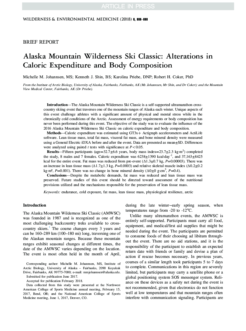 کلاسیک بیلیارد کوه آلاسکا: تغییرات در هزینه های کالری و ترکیب بدن 