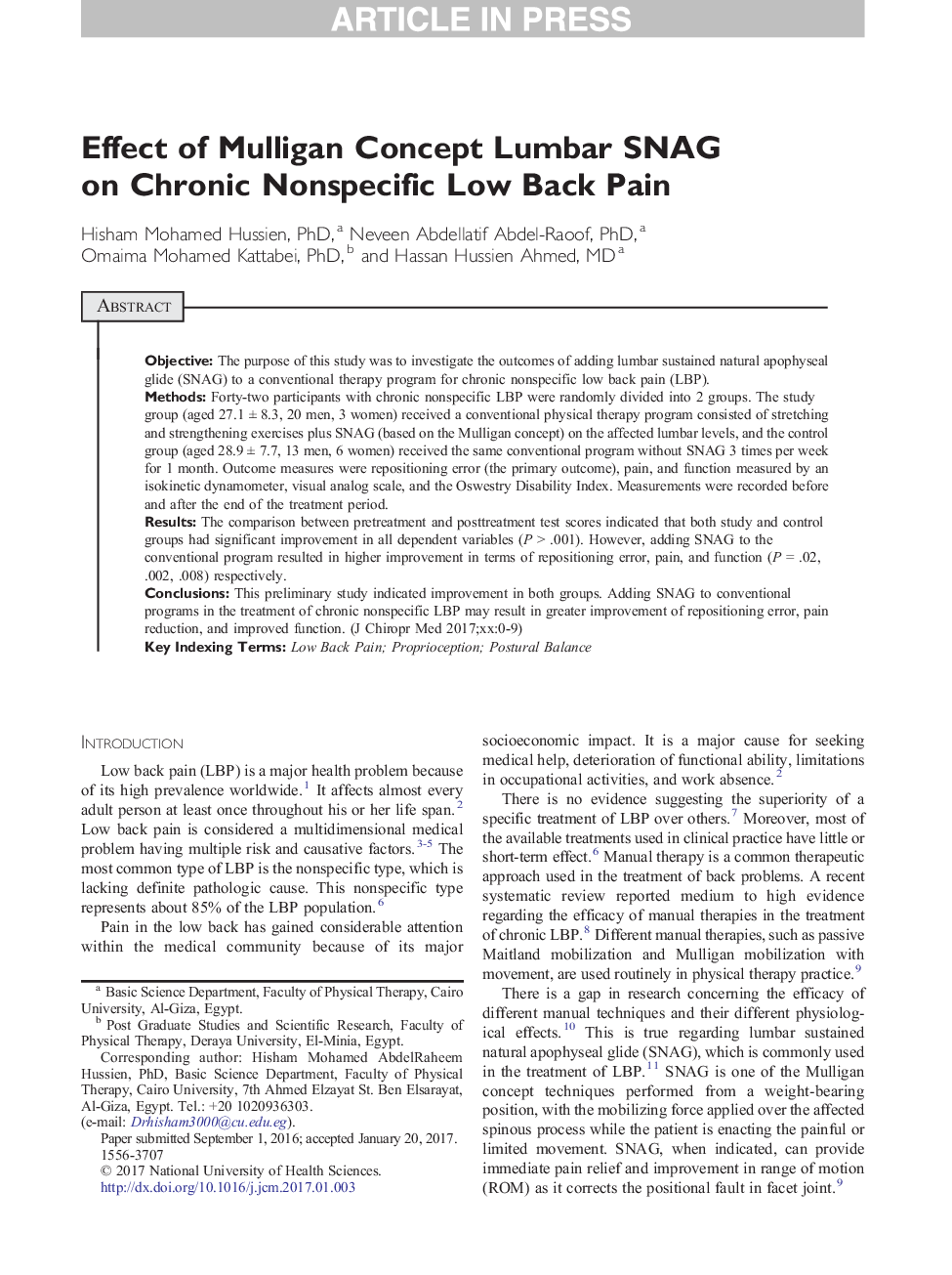 Effect of Mulligan Concept Lumbar SNAG on Chronic Nonspecific Low Back Pain