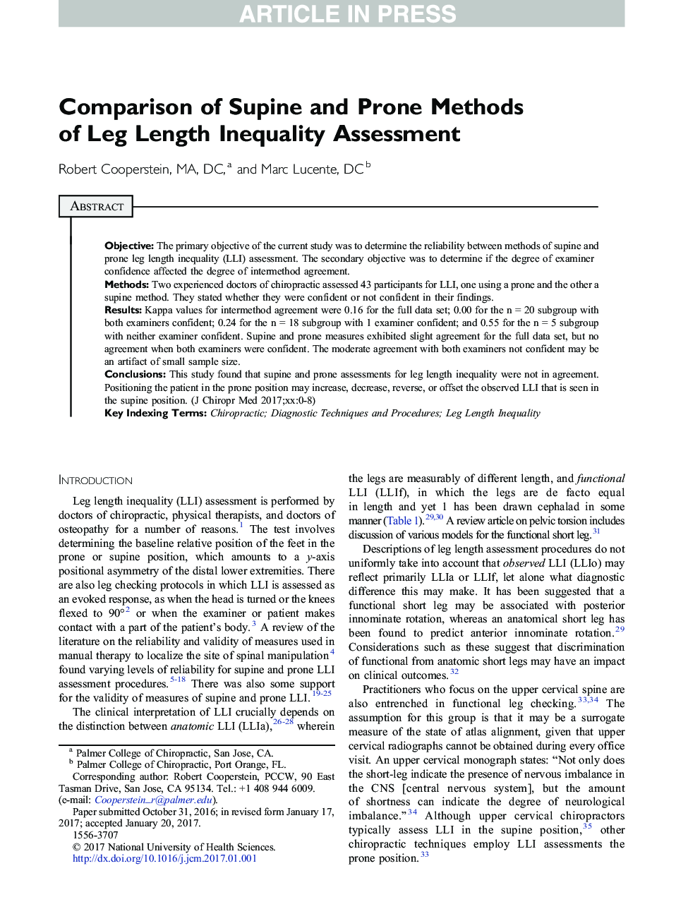 Comparison of Supine and Prone Methods of Leg Length Inequality Assessment