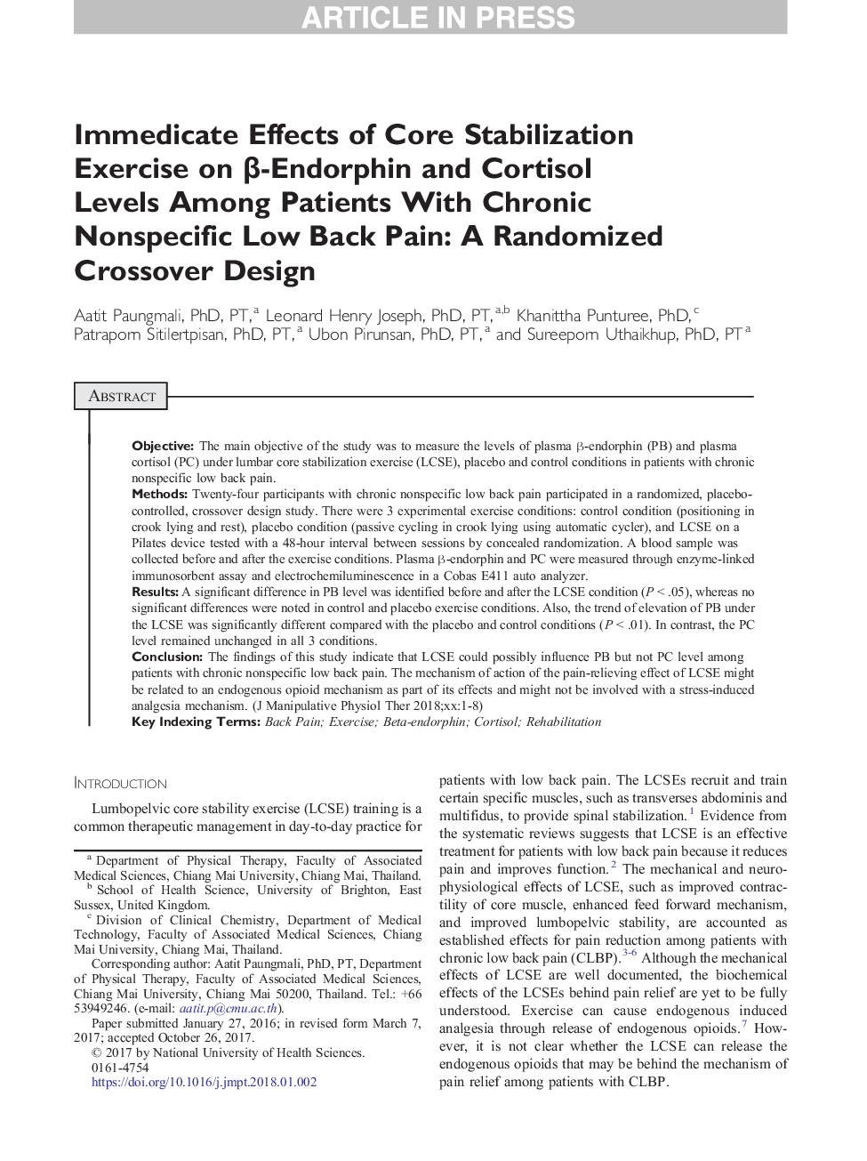Immediate Effects of Core Stabilization Exercise on Î²-Endorphin and Cortisol Levels Among Patients With Chronic Nonspecific Low Back Pain: A Randomized Crossover Design