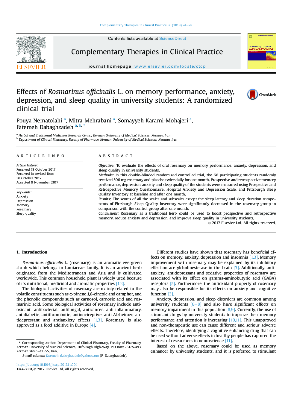 Effects of Rosmarinus officinalis L. on memory performance, anxiety, depression, and sleep quality in university students: A randomized clinical trial