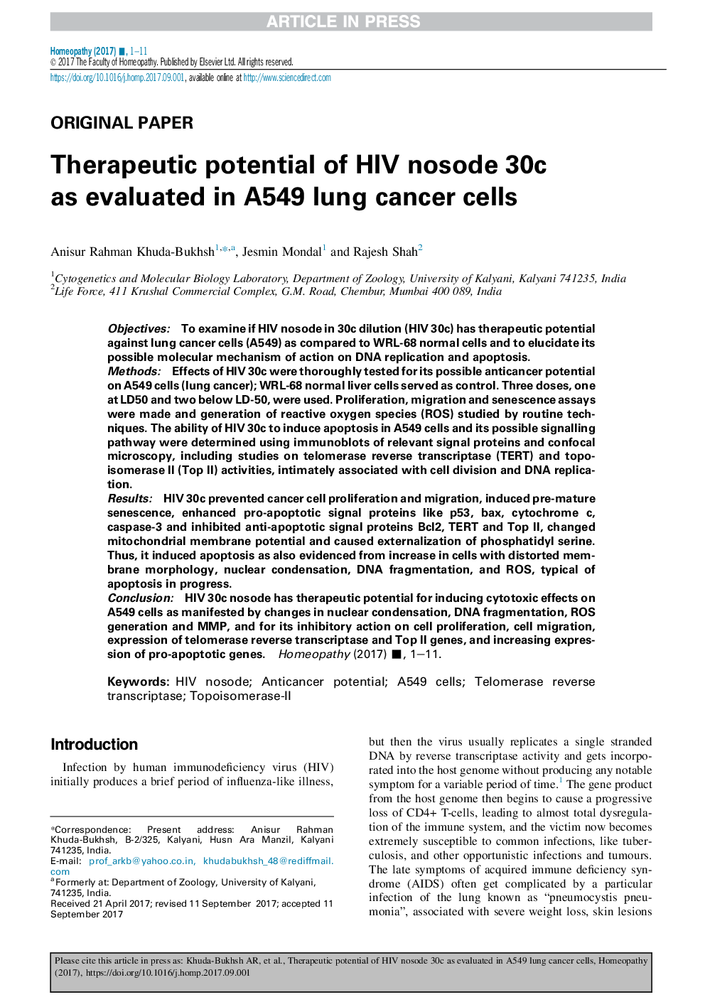 Therapeutic potential of HIV nosode 30c as evaluated in A549 lung cancer cells