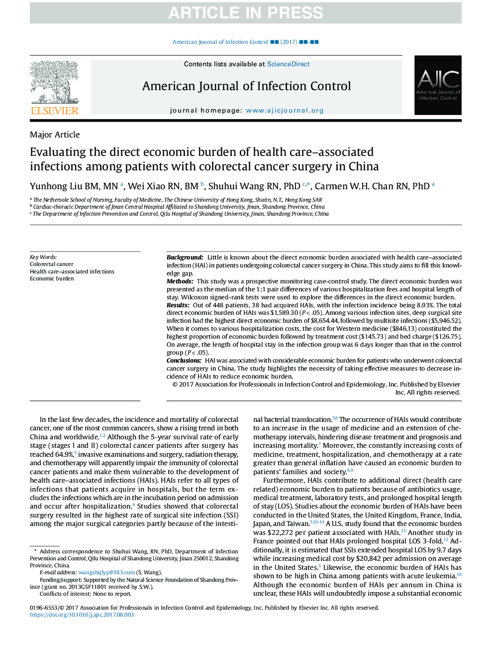 ارزیابی بار اقتصادی عفونت های مرتبط با مراقبت های بهداشتی در میان بیماران مبتلا به جراحی سرطان کولورکتال در چین 