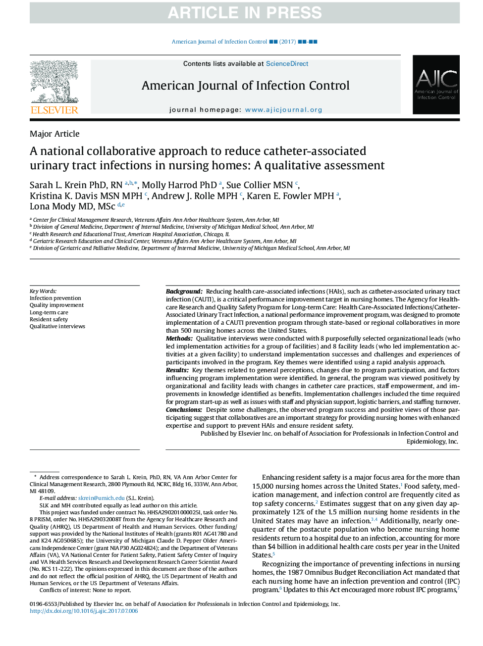 یک رویکرد همکاری ملی برای کاهش عفونت های دستگاه ادراری وابسته به کاتتر در خانه های سالمندان: یک ارزیابی کیفی 