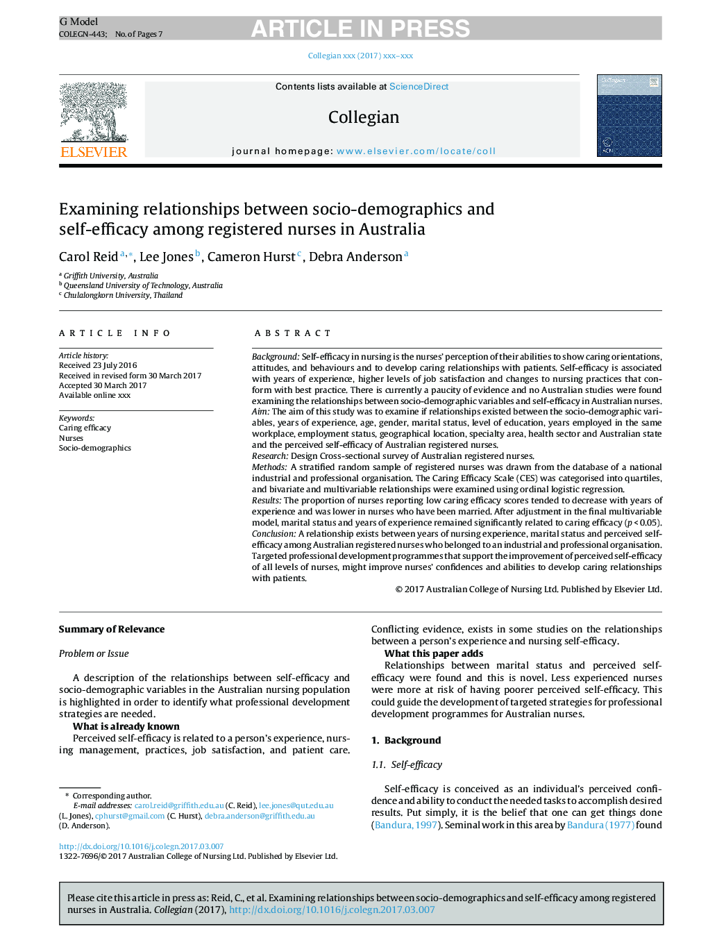 بررسی رابطه بین متغیرهای جمعیت شناختی و خودکارآمدی در پرستاران ثبت شده در استرالیا 