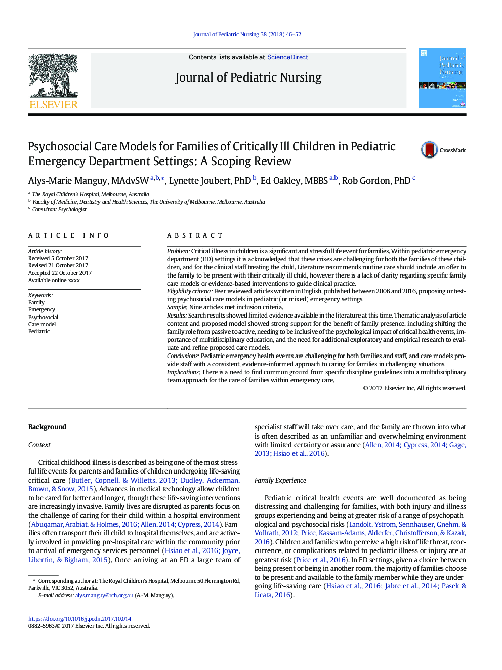 مدل های مراقبت های روانشناختی برای خانواده های کودکان مبتلا به بحرانی در بخش های اورژانس کودکان: تنظیم مقیاس 