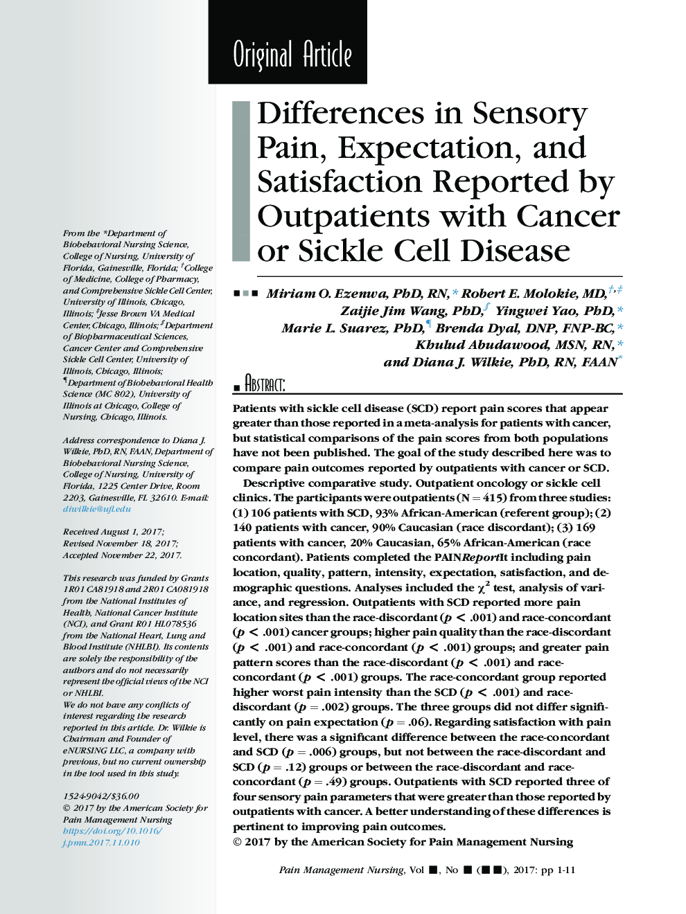 تفاوت های درد حسی، انتظارات و رضایت بیماران سرپایی با بیماری سرطان یا سلول های سرطانی 