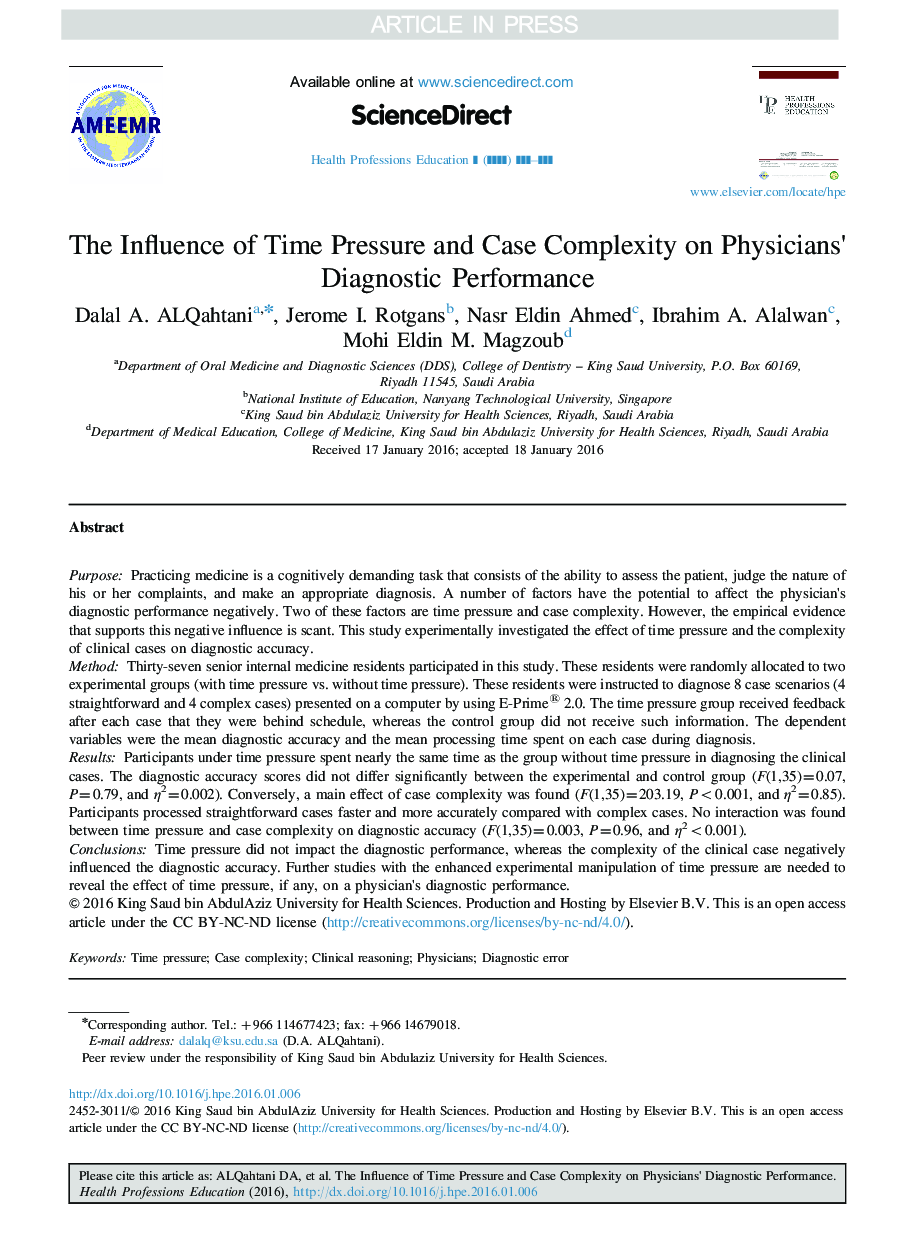 The Influence of Time Pressure and Case Complexity on Physicians×³ Diagnostic Performance