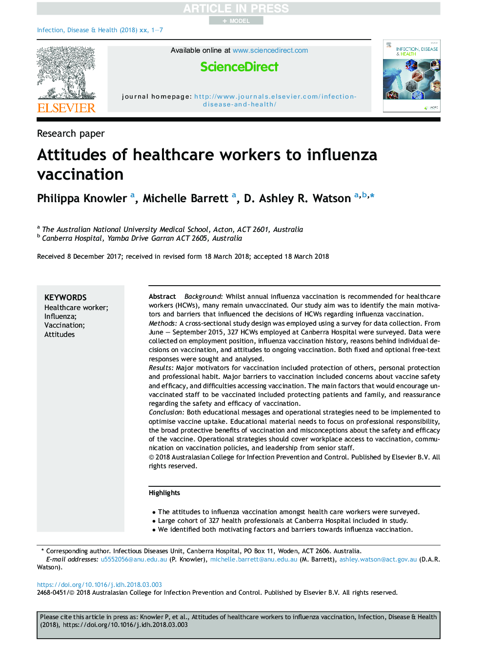 نگرش کارکنان بهداشتی به واکسیناسیون آنفلوانزا 