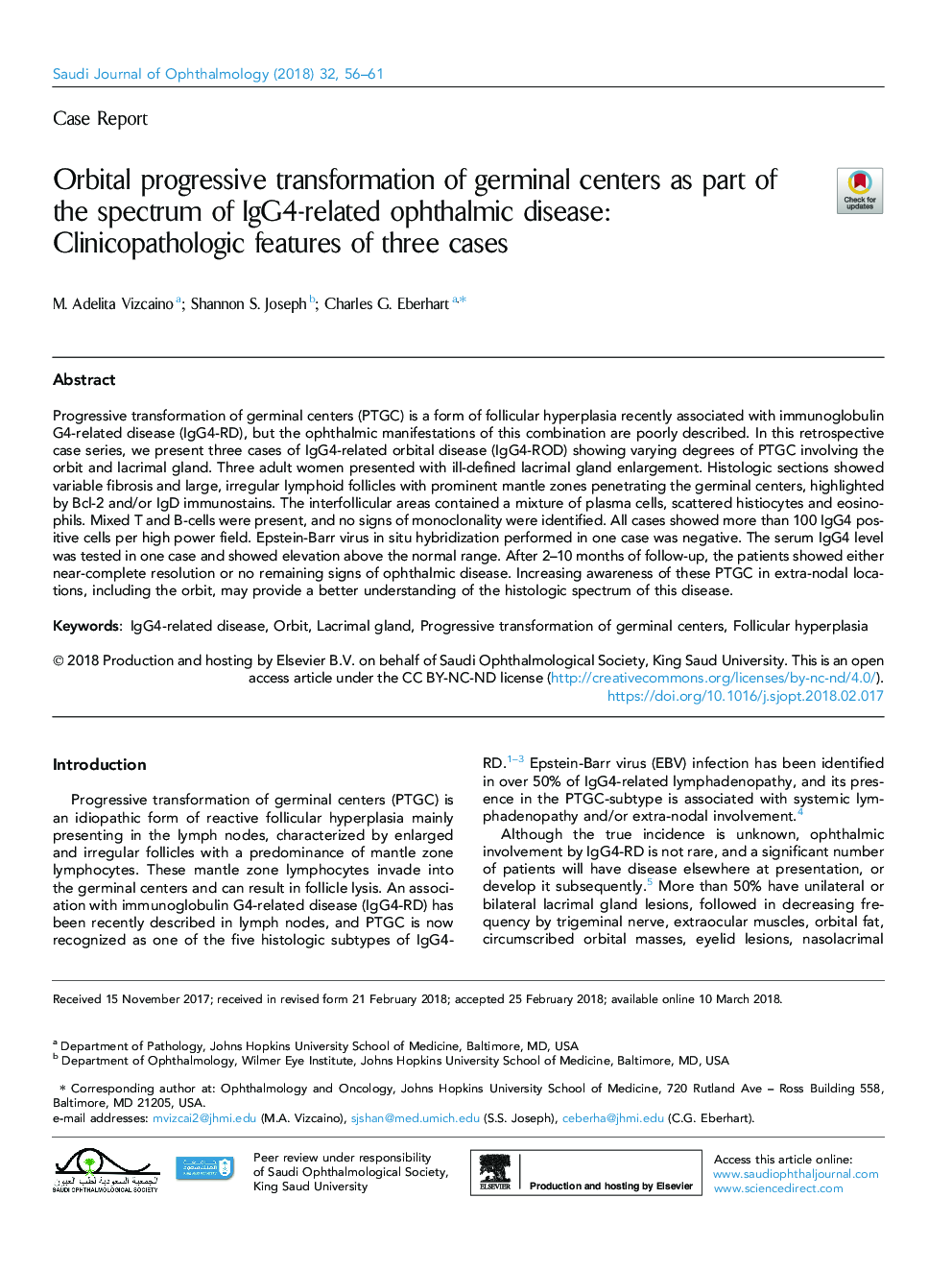 Orbital progressive transformation of germinal centers as part of the spectrum of IgG4-related ophthalmic disease: Clinicopathologic features of three cases