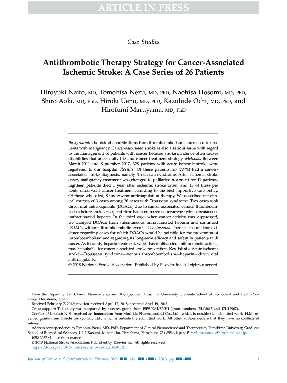 استراتژی درمان آنتی ترومبوتیک برای سکته مغزی ایسکمیک مرتبط با سرطان: یک سری موارد از 26 بیمار 