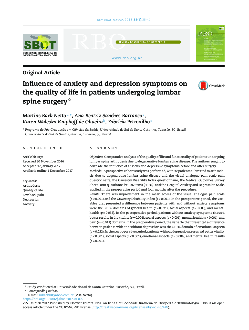 تأثیر علائم اضطراب و افسردگی بر کیفیت زندگی بیماران تحت عمل جراحی ستون فقرات کمری 