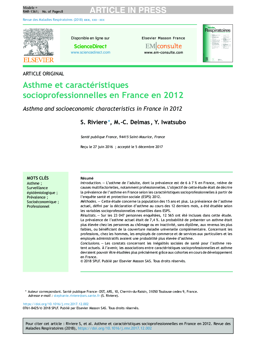 آسم و ویژگی های اجتماعی-حرفه ای در فرانسه در سال 2012 
