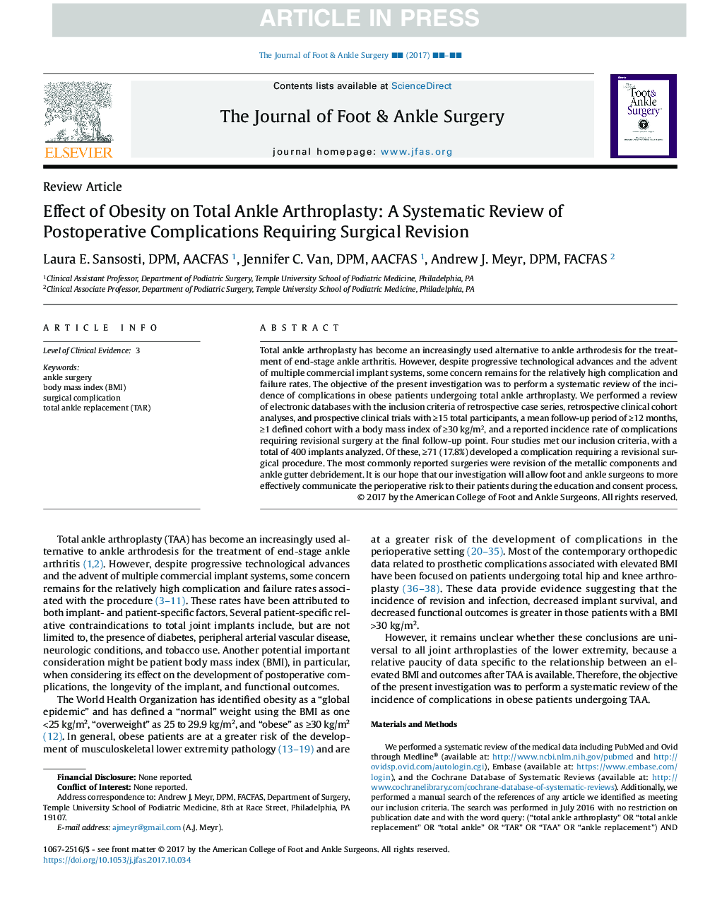 بررسی اثر چاقی بر روی آرتروپلاستی کامل مچ پا: بررسی سیستماتیک عوارض بعد از عمل جراحی 