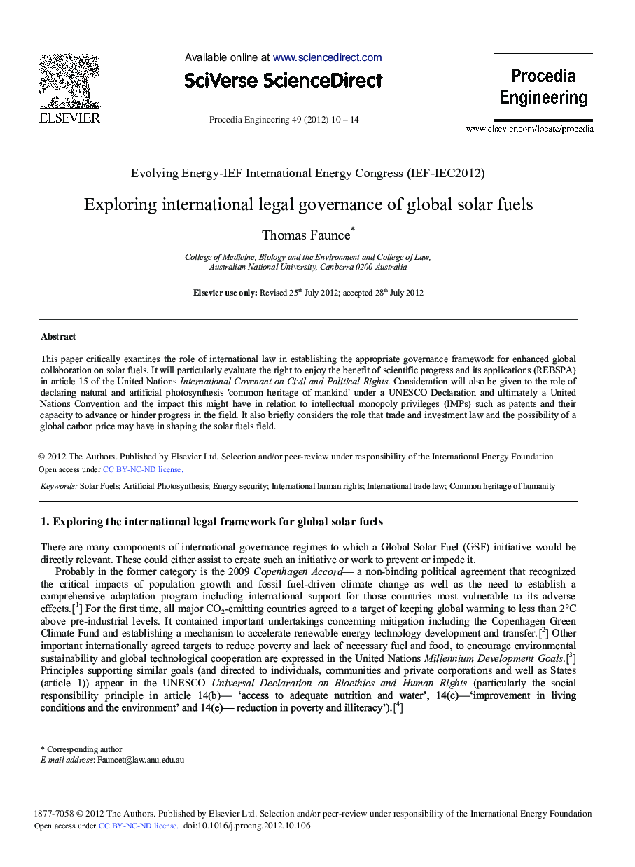 Exploring International Legal Governance of Global Solar Fuels 