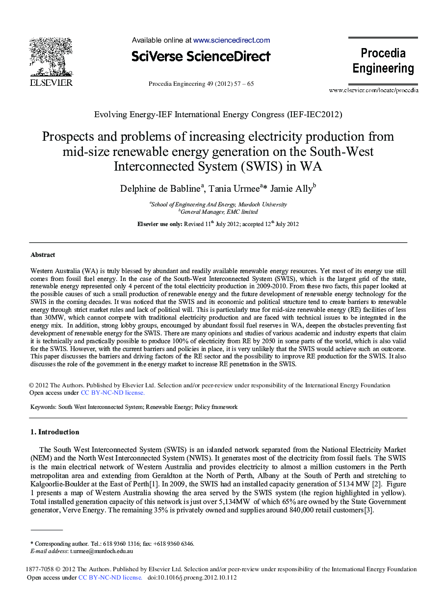 Prospects and Problems of Increasing Electricity Production from Mid-Size Renewable Energy Generation on the South-West Interconnected System (SWIS) in WA 