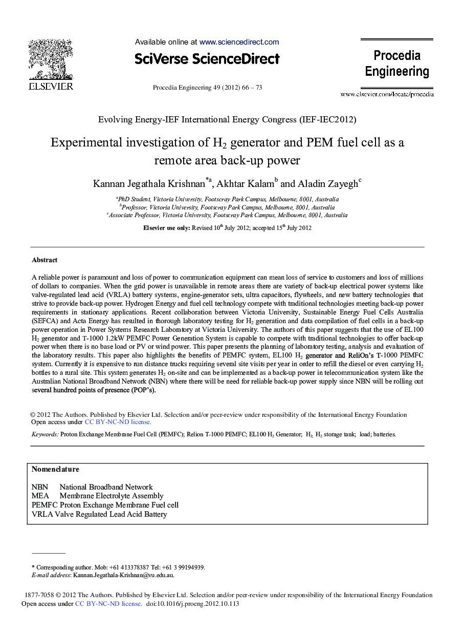 Experimental Investigation of H2 Generator and PEM Fuel Cell as a Remote Area Back-Up Power 