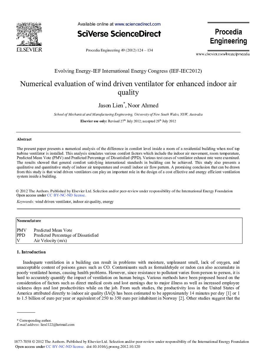 Numerical Evaluation of Wind Driven Ventilator for Enhanced Indoor Air Quality 