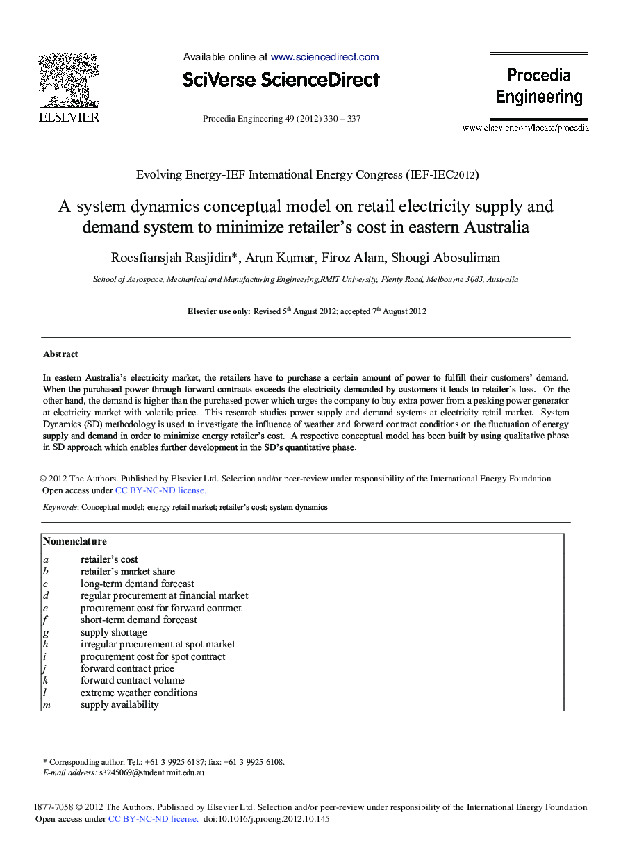 A System Dynamics Conceptual Model on Retail Electricity Supply and Demand System to Minimize Retailer's Cost in Eastern Australia 