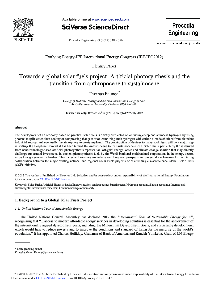Towards a Global Solar Fuels Project-Artificial Photosynthesis and the Transition from Anthropocene to Sustainocene 