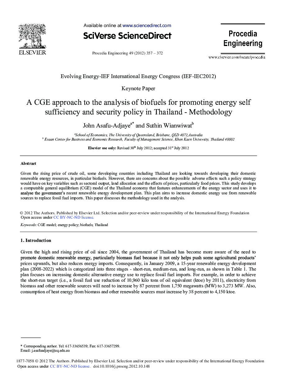 A CGE Approach to the Analysis of Biofuels for Promoting Energy Self Sufficiency and Security Policy in Thailand-Methodology 