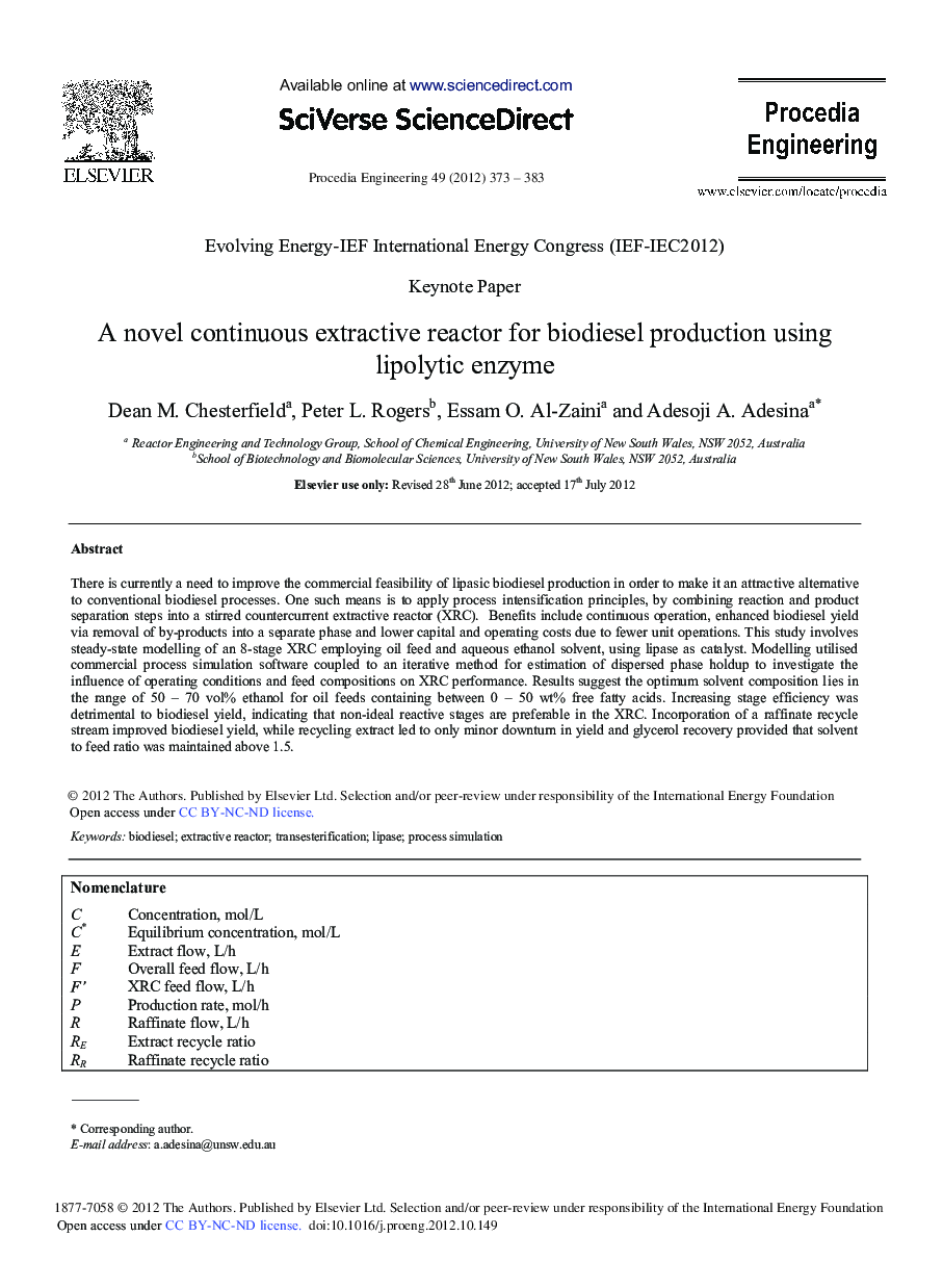 A Novel Continuous Extractive Reactor for Biodiesel Production using Lipolytic Enzyme 