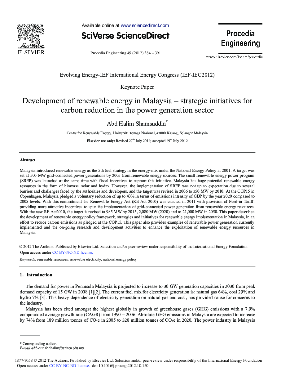 Development of Renewable Energy in Malaysia-Strategic Initiatives for Carbon Reduction in the Power Generation Sector 