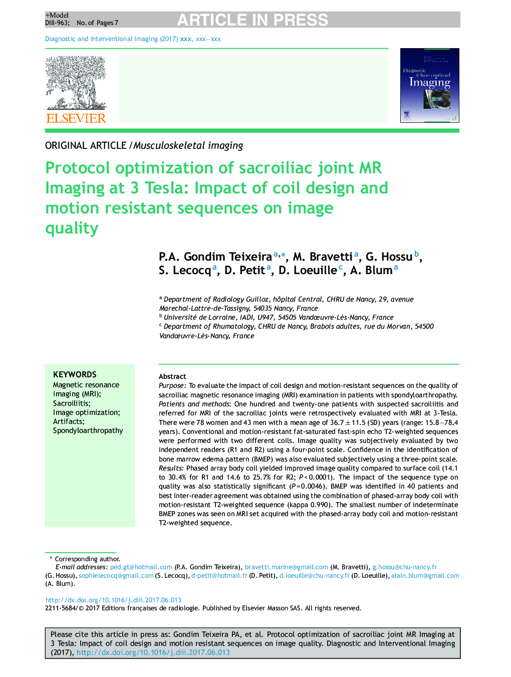 Protocol optimization of sacroiliac joint MR Imaging at 3 Tesla: Impact of coil design and motion resistant sequences on image quality