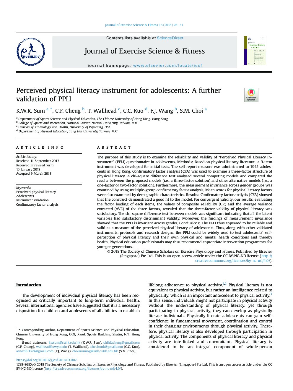 Perceived physical literacy instrument for adolescents: A further validation of PPLI