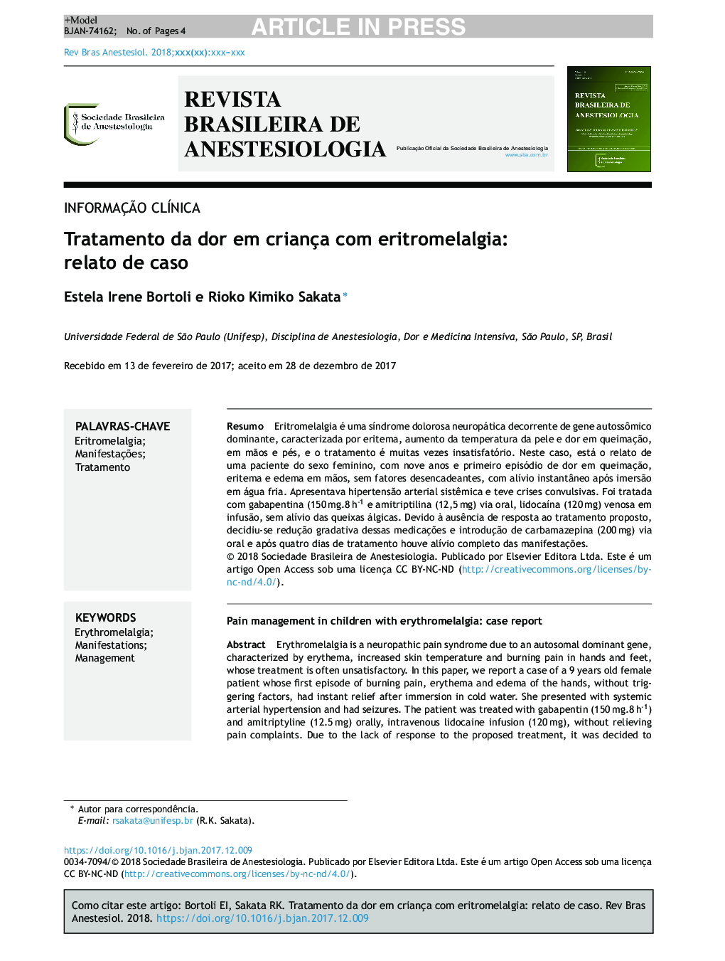 Tratamento da dor em criança com eritromelalgia: relato de caso