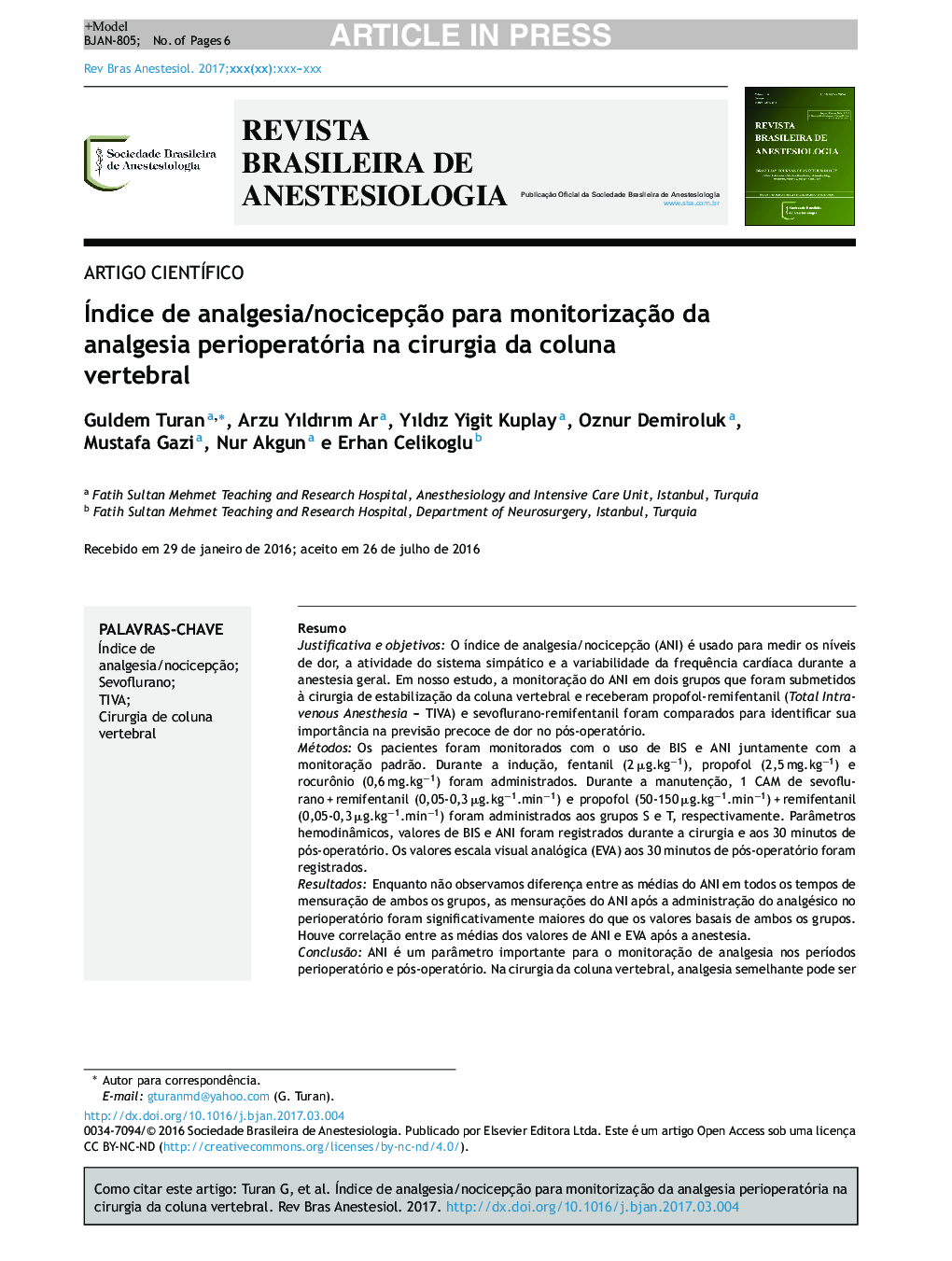 Índice de analgesia/nocicepçÃ£o para monitorizaçÃ£o da analgesia perioperatória na cirurgia da coluna vertebral