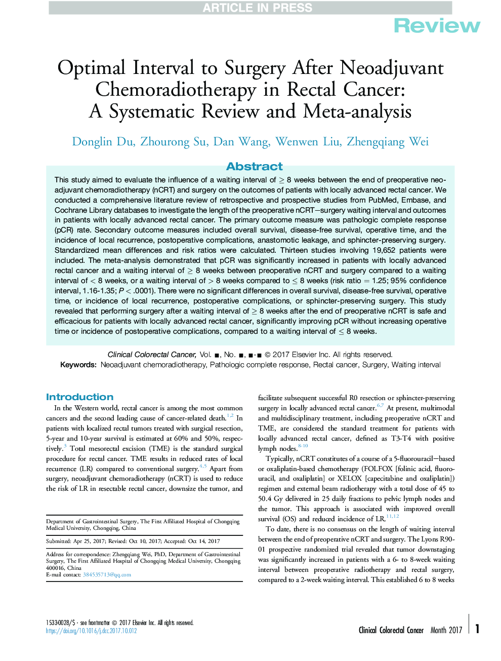 Optimal Interval to Surgery After Neoadjuvant Chemoradiotherapy in Rectal Cancer: AÂ Systematic Review and Meta-analysis