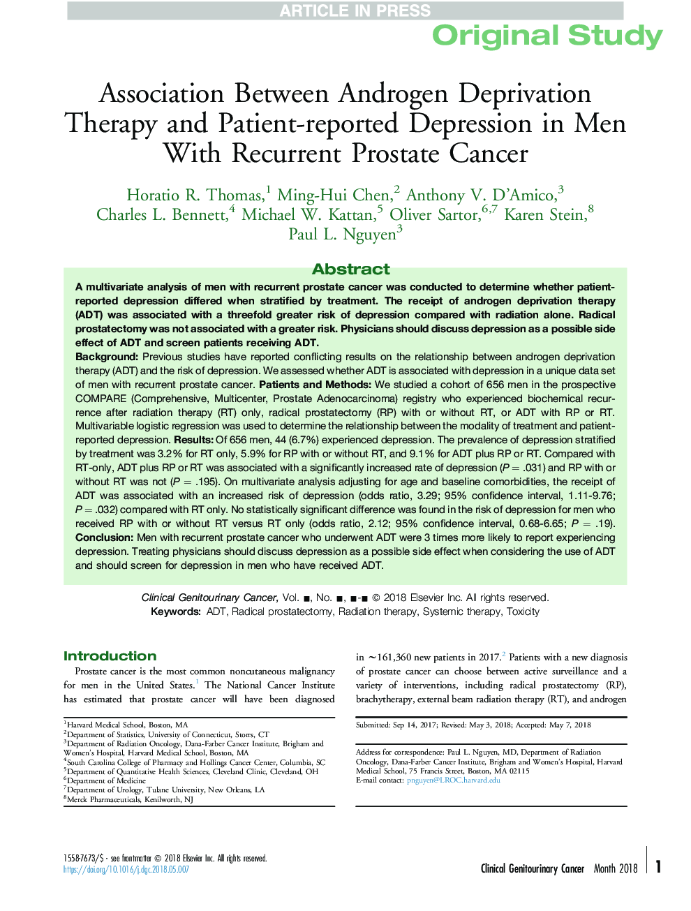 ارتباط بین درمان محرومیت اندروژن و افسردگی گزارش شده توسط بیماران مبتلا به سرطان پروستات مجدد 