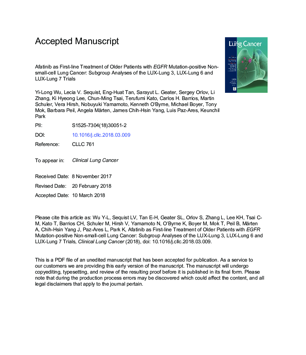 Afatinib as First-line Treatment of Older Patients With EGFR Mutation-Positive Non-Small-Cell Lung Cancer: Subgroup Analyses of the LUX-Lung 3, LUX-Lung 6, and LUX-Lung 7 Trials