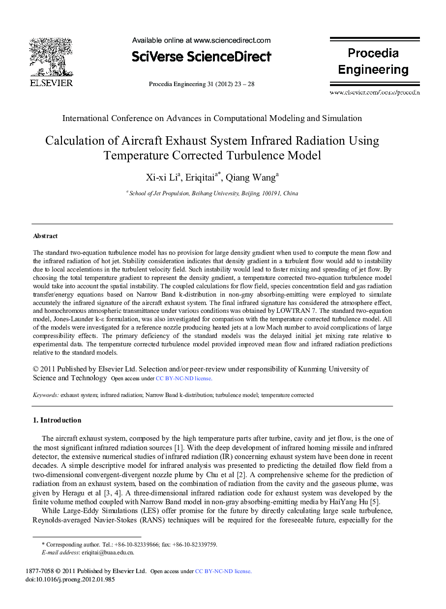 Calculation of Aircraft Exhaust System Infrared Radiation Using Temperature Corrected Turbulence Model