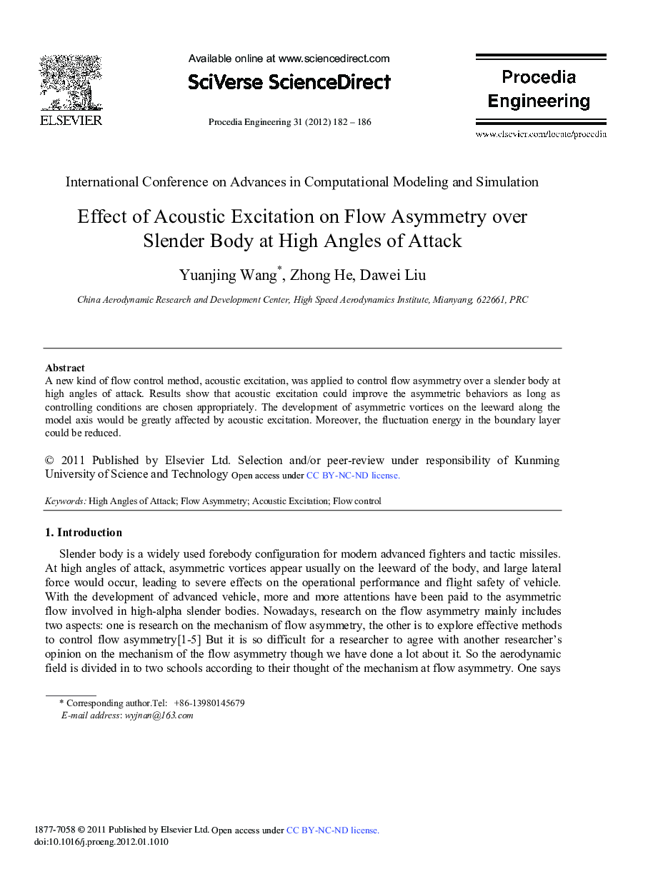 Effect of Acoustic Excitation on Flow Asymmetry over Slender Body at High Angles of Attack