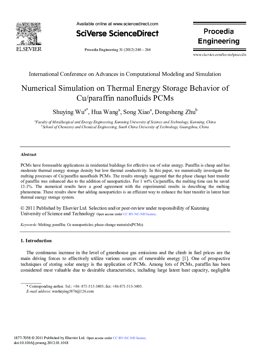 Numerical Simulation on Thermal Energy Storage Behavior of Cu/paraffin nanofluids PCMs