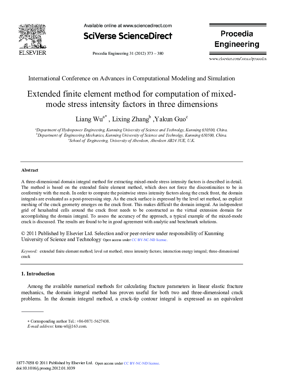 Extended finite element method for computation of mixed-mode stress intensity factors in three dimensions