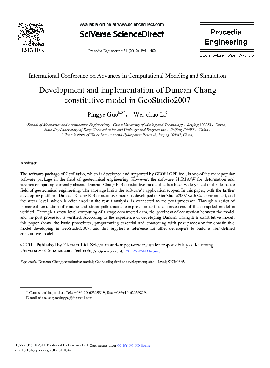 Development and implementation of Duncan-Chang constitutive model in GeoStudio2007