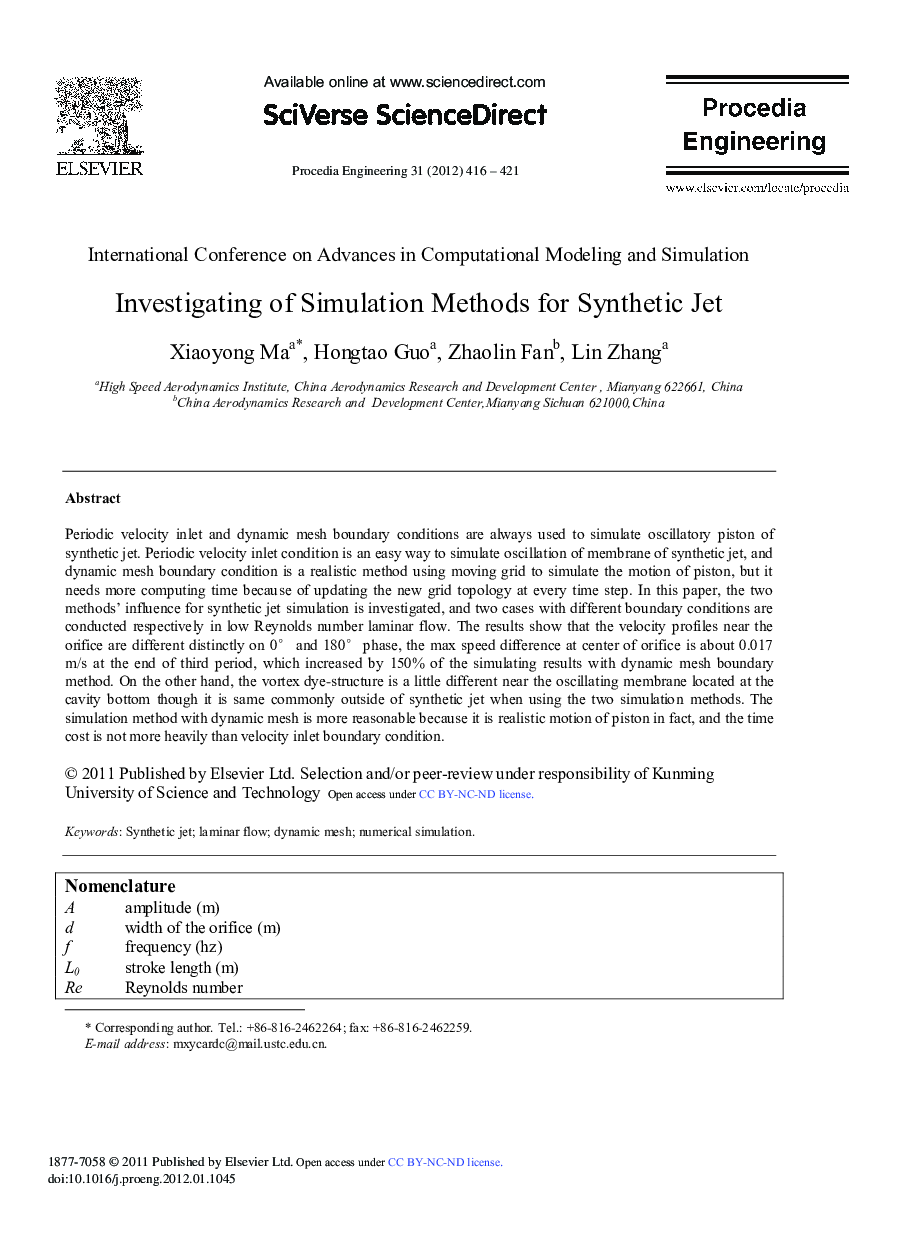 Investigating of Simulation Methods for Synthetic Jet