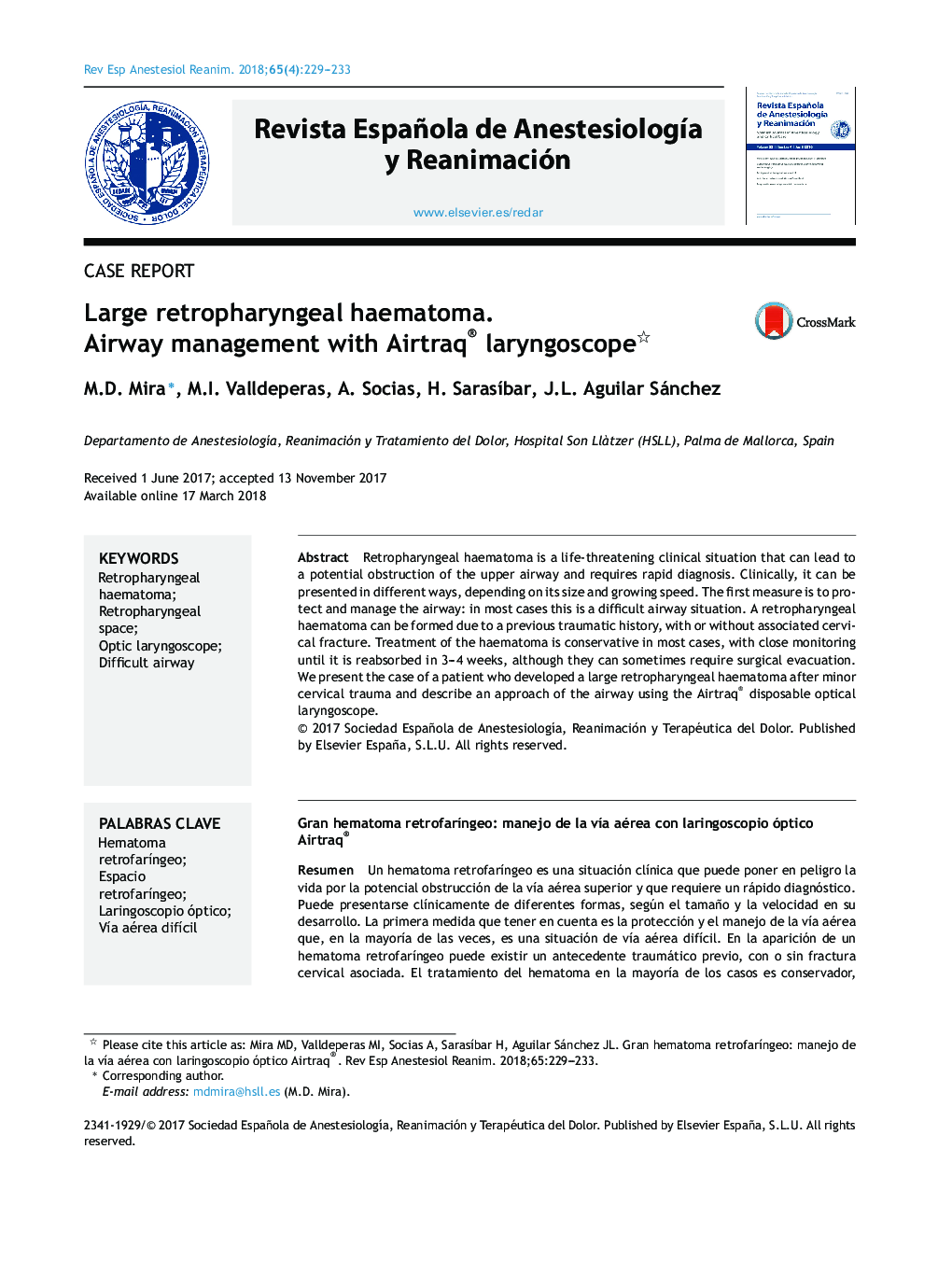 Large retropharyngeal haematoma. Airway management with Airtraq® laryngoscope