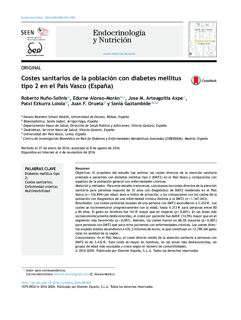 Costes sanitarios de la población con diabetes mellitus tipo 2 en el PaÃ­s Vasco (España)