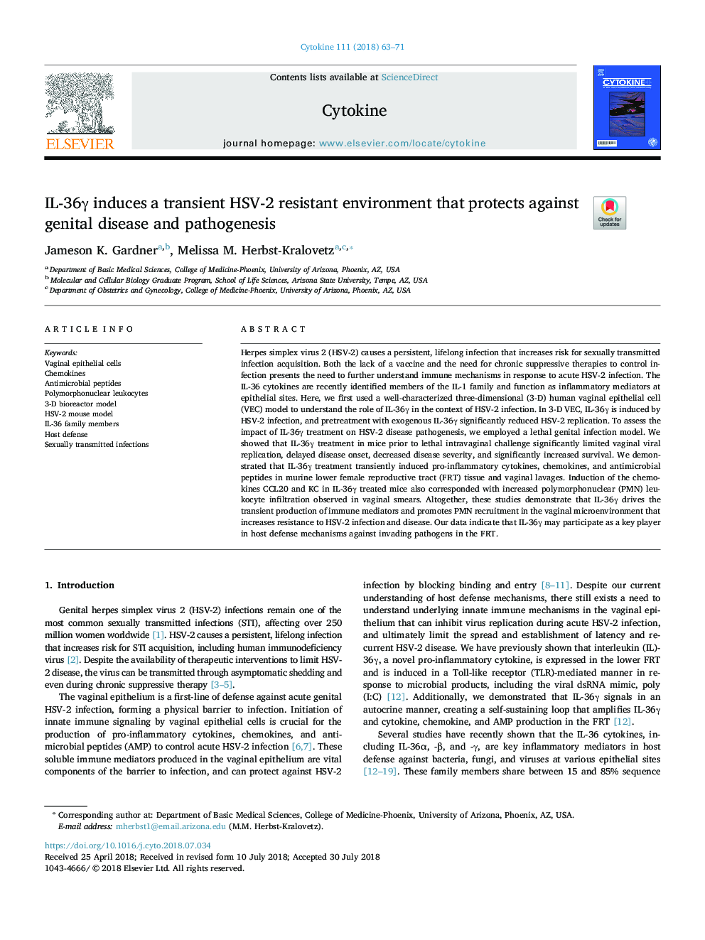 IL-36Î³ induces a transient HSV-2 resistant environment that protects against genital disease and pathogenesis