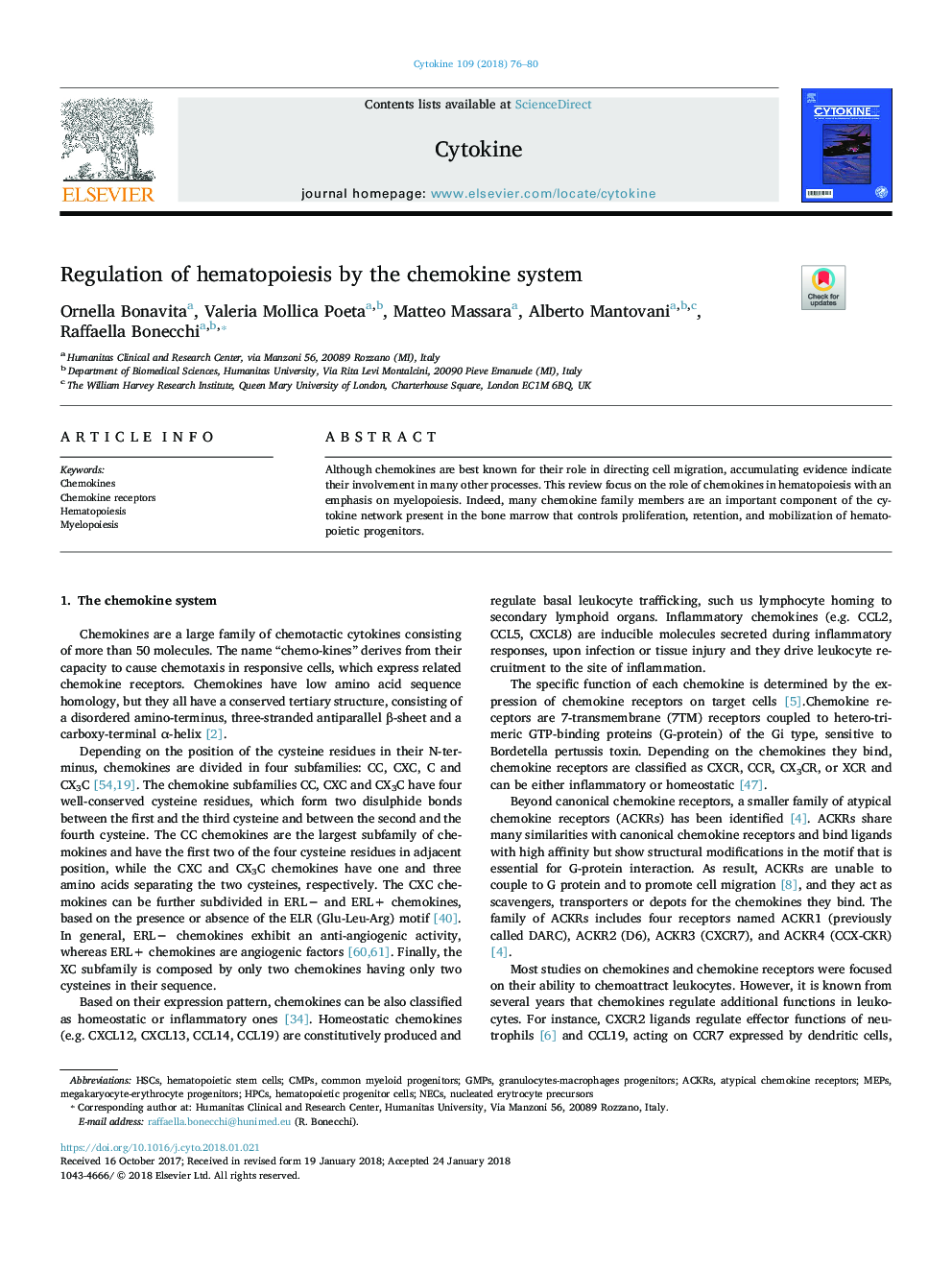 Regulation of hematopoiesis by the chemokine system