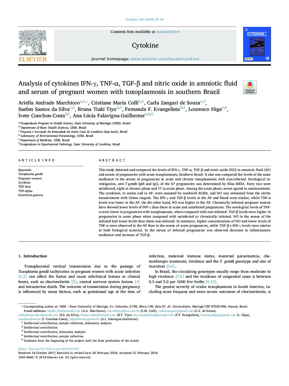 Analysis of cytokines IFN-Î³, TNF-Î±, TGF-Î² and nitric oxide in amniotic fluid and serum of pregnant women with toxoplasmosis in southern Brazil