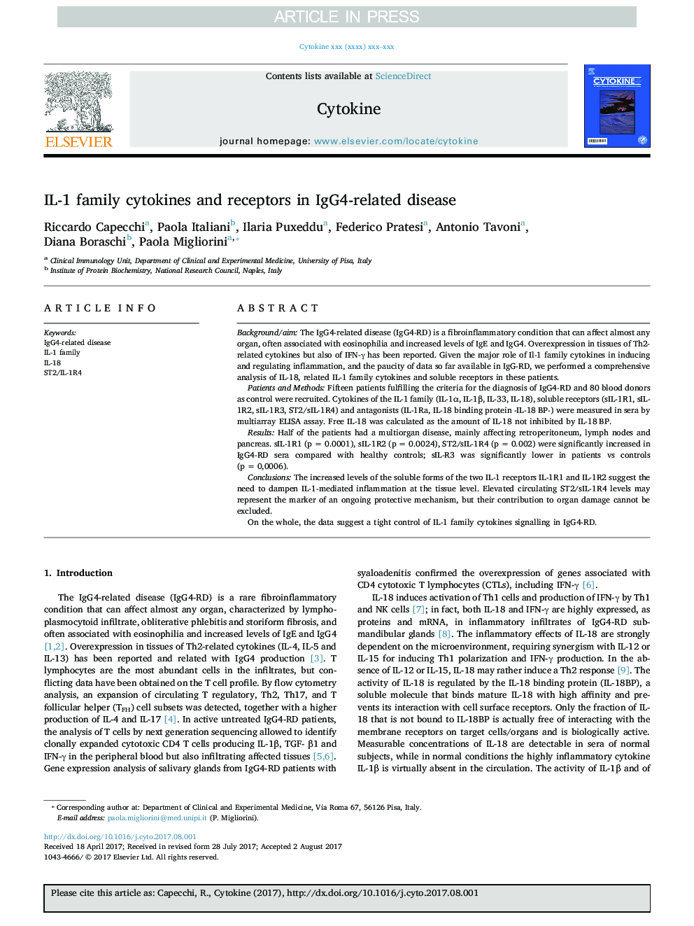 IL-1 family cytokines and receptors in IgG4-related disease