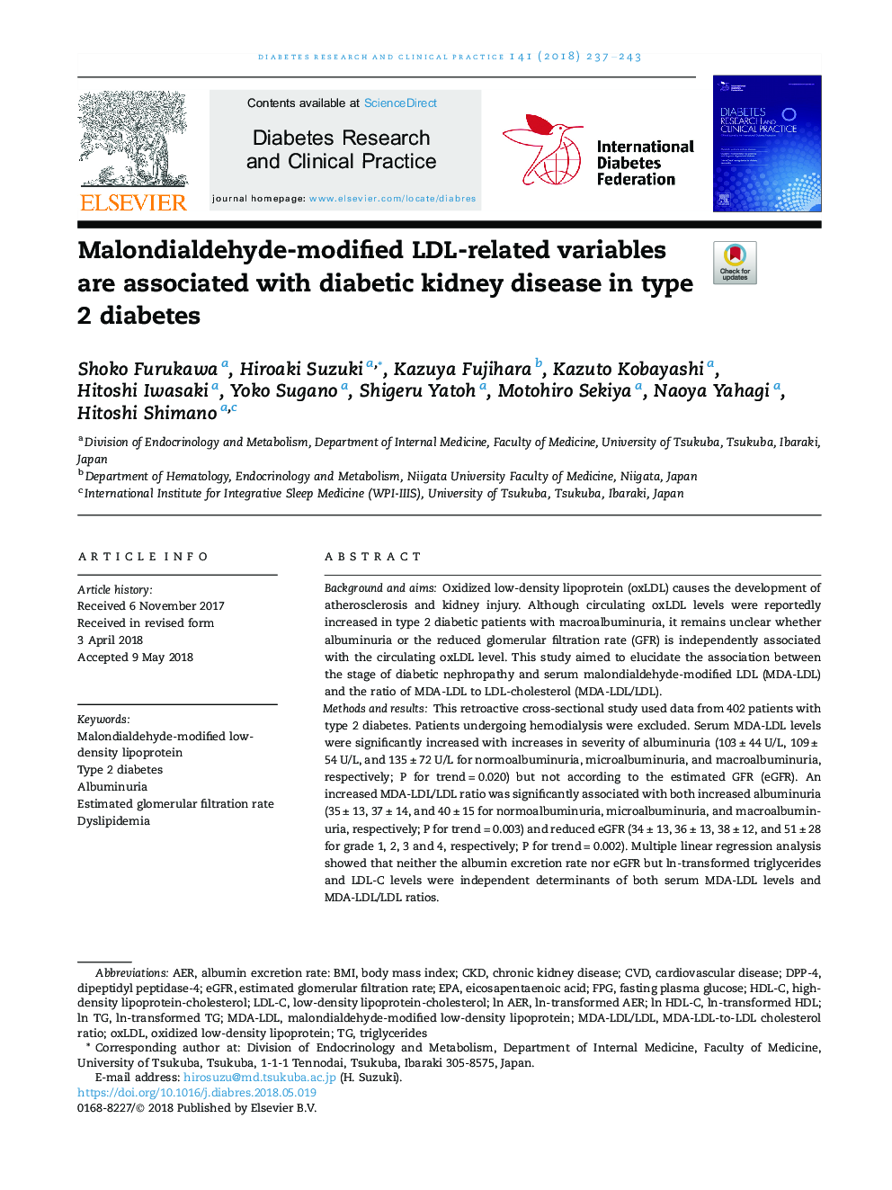 Malondialdehyde-modified LDL-related variables are associated with diabetic kidney disease in type 2 diabetes