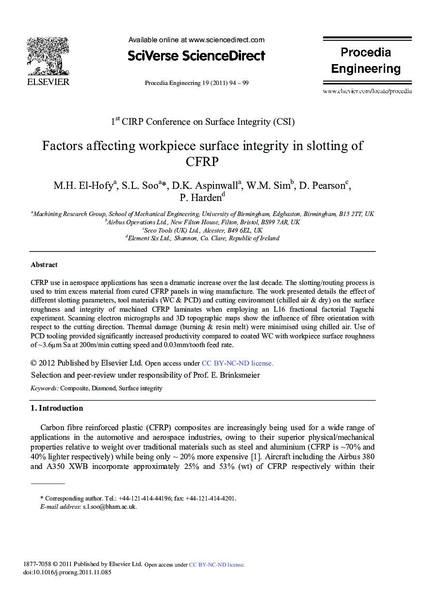 Factors Affecting Workpiece Surface Integrity in Slotting of CFRP