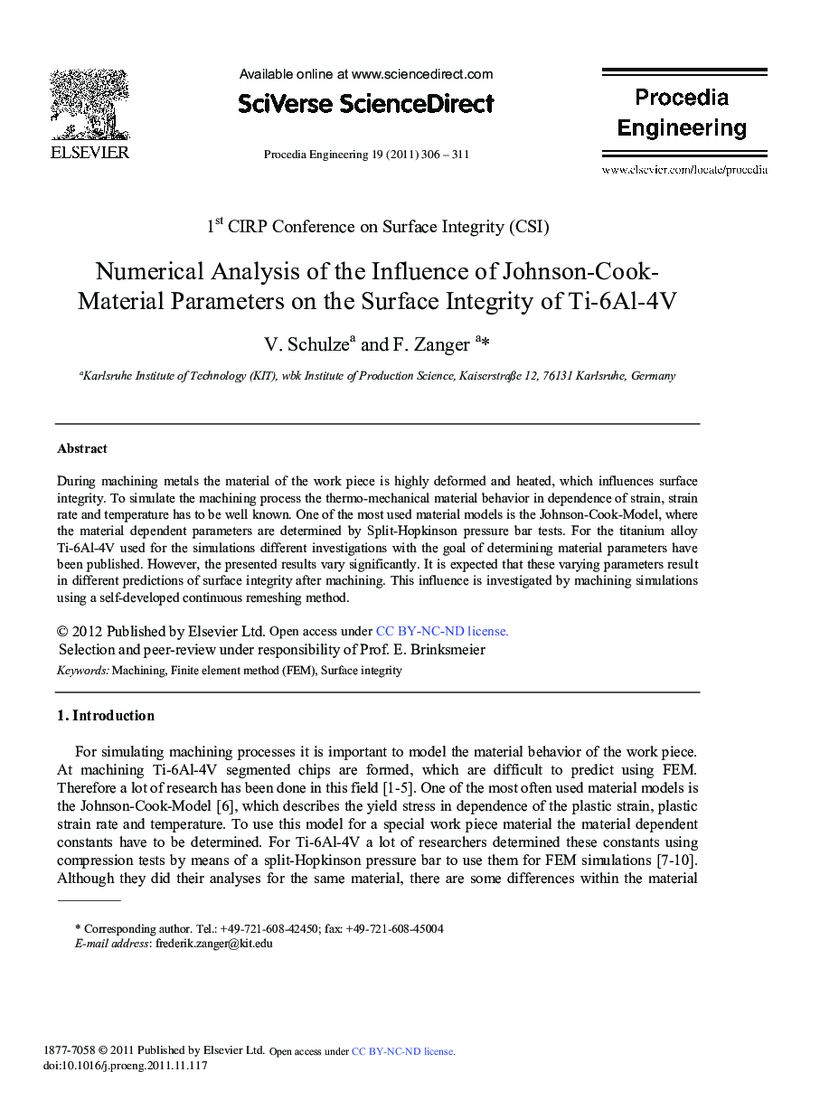 Numerical Analysis of the Influence of Johnson-Cook-Material Parameters on the Surface Integrity of Ti-6Al-4 V