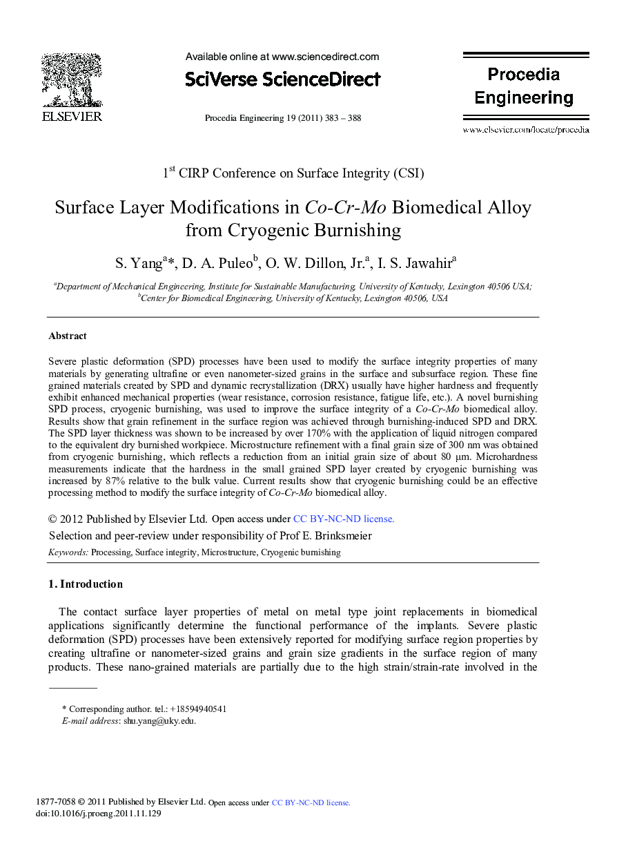 Surface Layer Modifications in Co-Cr-Mo Biomedical Alloy from Cryogenic Burnishing